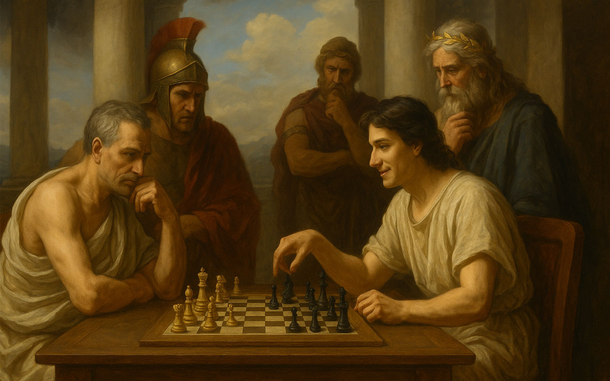 En el centro, en una gran mesa se jugaba una partida de ajedrez, los contrincantes eran el Dios de la ciencia y el Dios de la Intuición...
