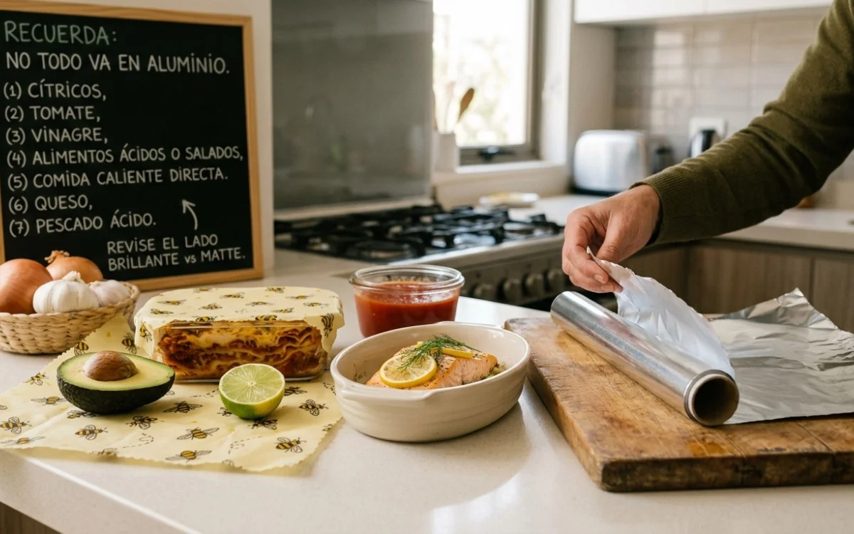 
			El papel aluminio es práctico, pero los alimentos ácidos o muy salados pueden favorecer la transferencia del metal y requieren más precaución.